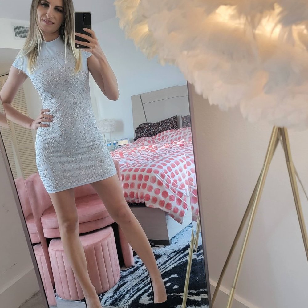 Beautiful Banjul Baby Blue Embellished Bodycon Dress UNIQUE and RARE